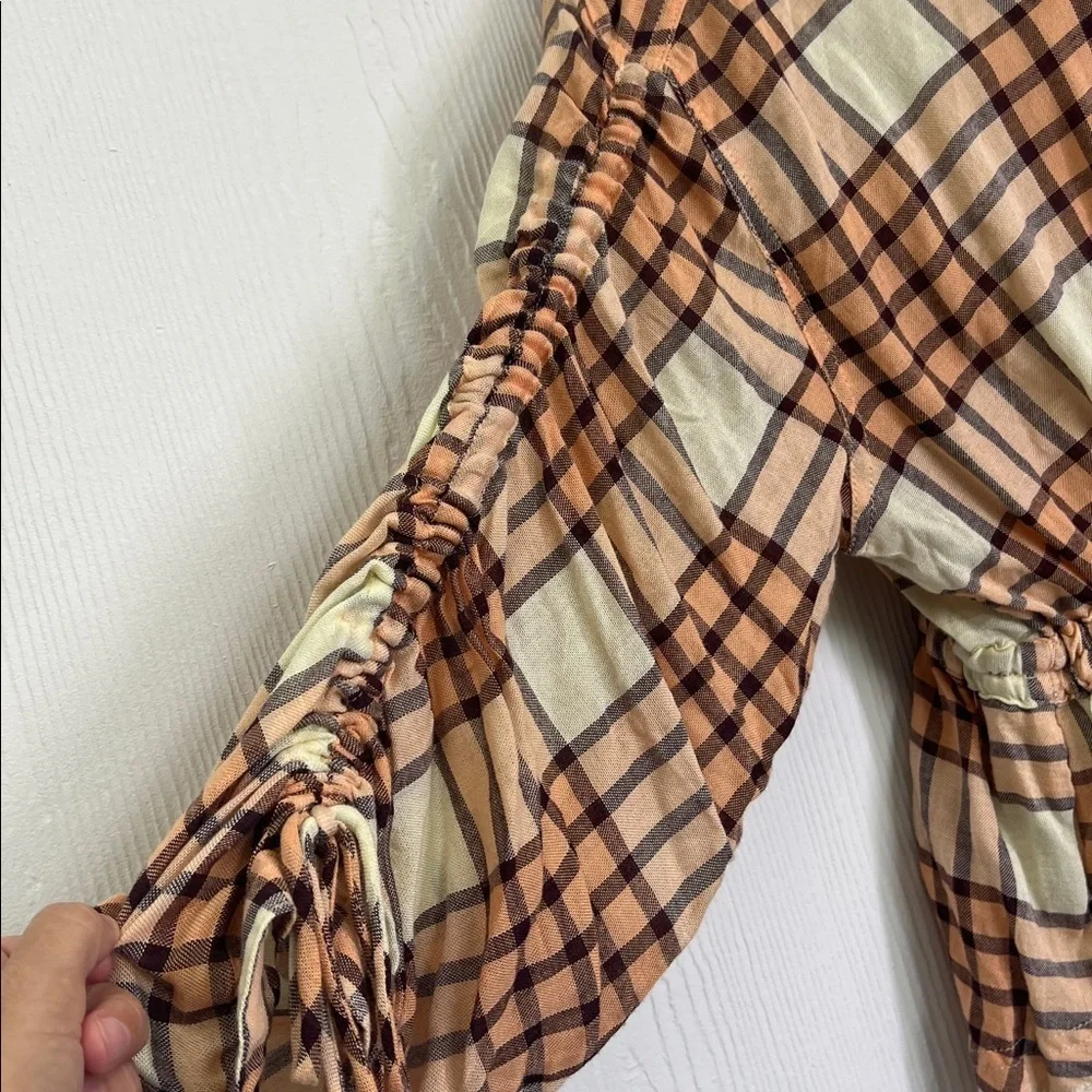 Free People - Pacific Dawn Peach And Cream Plaid Cinched Back Blouse Size Small